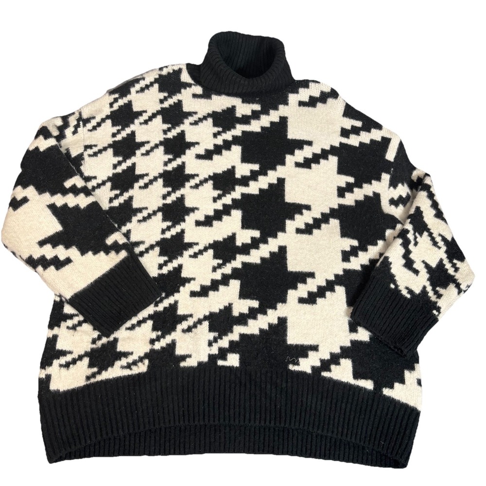 H & M Womens Turtleneck Houndstooth‎ Sweater Black White Large Wool Jacquard